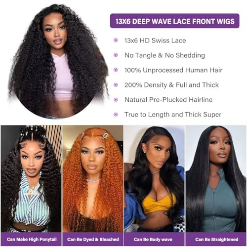 Trilumity 13X6 Front Brazilian 200 Deep Wave Human Hair - Natural Black Hair Replacement Wig