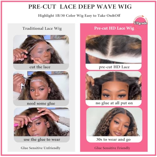 Trilumity 7X5 Highlight Ombre Glueless Deep Wave Human Hair - Natural Black Hair Replacement Wig