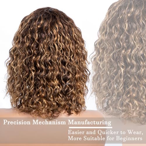 Trilumity Short Water With Bangs Water Wave Human Hair - Brown Hair Replacement Wig
