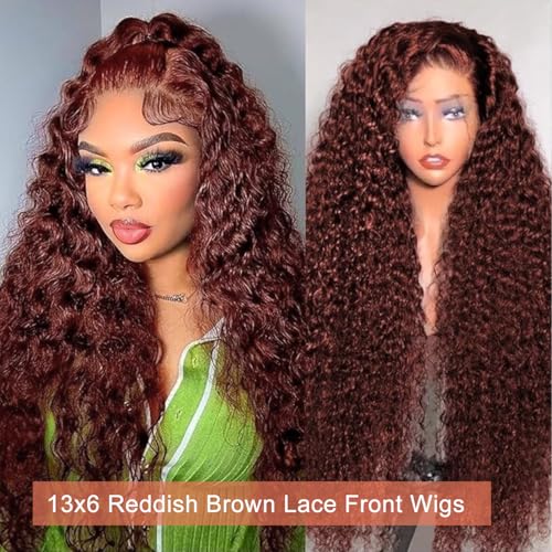 Trilumity Reddish Brown 13X6 Reddish Deep Wave Human Hair - Brown Hair Replacement Wig