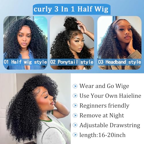 Trilumity Half ，100% Real 205G，3 Curly Human Hair - Natural Black Hair Replacement Wig