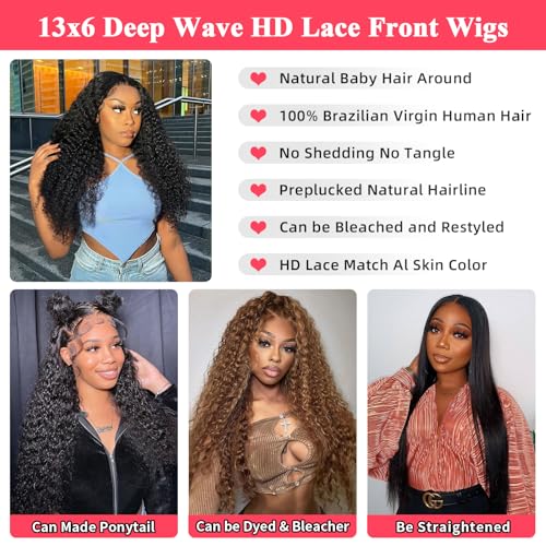 Trilumity 13X6 For Women Deep Wave 100% Human Hair - Natural Color Hair Replacement Wig