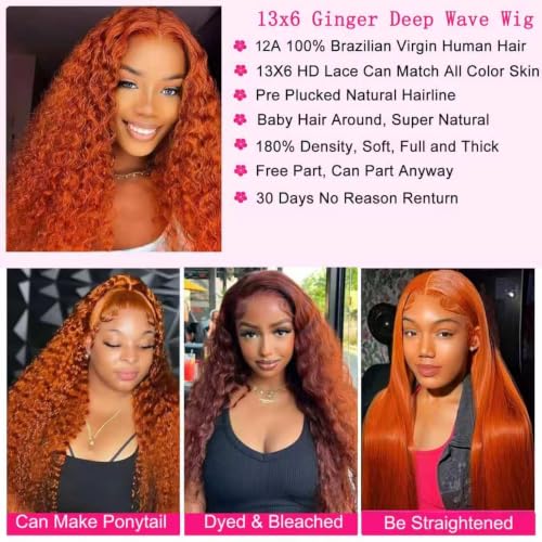 Trilumity Ginger 13X6 Orange Deep Wave Human Hair - Natural Black Hair Replacement Wig