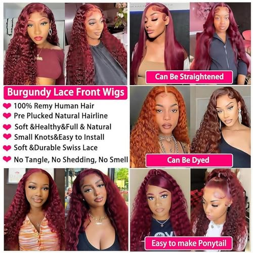 Trilumity Burgundy 250 Density Deep Wave Human Hair - Burgundy Hair Replacement Wig