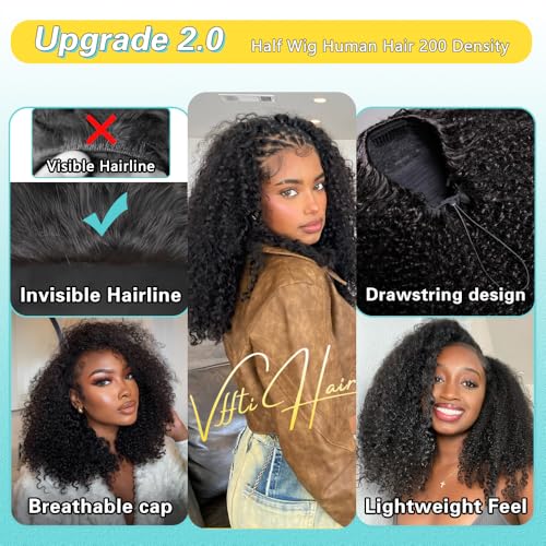 Trilumity Kinky Half 200 Density Curly Human Hair - Natural Black Hair Replacement Wig