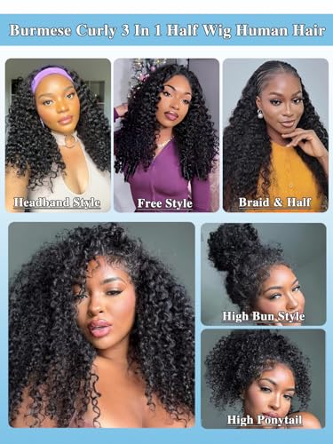 Trilumity Burmese Half For Women Curly Human Hair - Natural Black Hair Replacement Wig