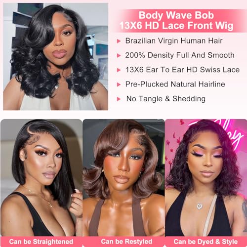 Trilumity 13X6 Bob 200 Density Body Wave Human Hair - Natural Black Hair Replacement Wig