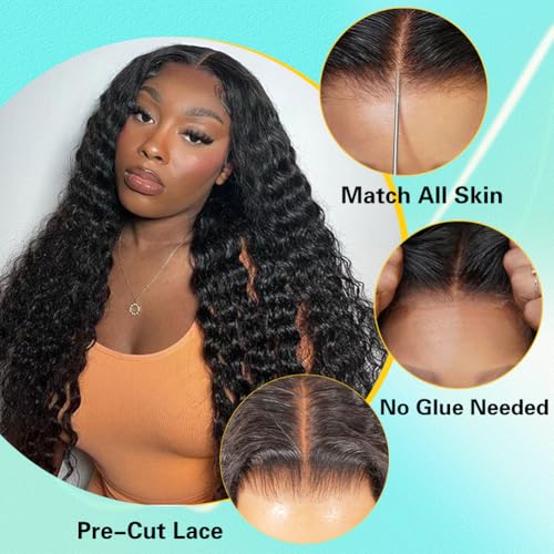 Trilumity 7X5 Glueless Pre Cut Deep Wave Human Hair - Natural Black Hair Replacement Wig
