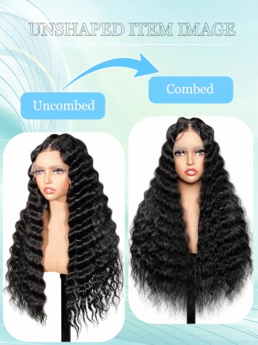 Trilumity 13X6 Synthetic Pre Plucked Deep Wave Human Hair - Natural Black Hair Replacement Wig