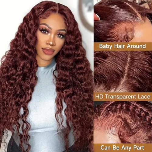 Trilumity Reddish Brown 13X6 Reddish Deep Wave Human Hair - Brown Hair Replacement Wig