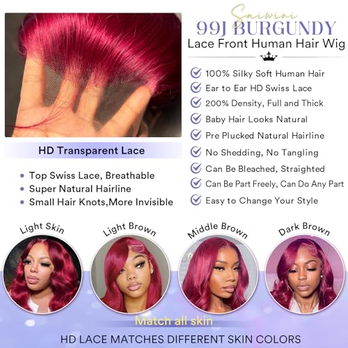Trilumity Burgundy 13X4 200 Density Body Wave Human Hair - Burgundy Hair Replacement Wig