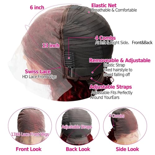 Trilumity 99J Burgundy 13X6 180 Deep Wave Human Hair - Burgundy Hair Replacement Wig