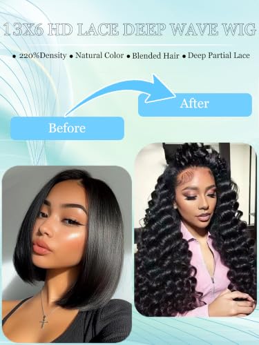 Trilumity 13X6 Synthetic Pre Plucked Deep Wave Human Hair - Natural Black Hair Replacement Wig