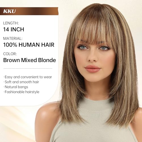 KKU 14 Inch Brown Mixed Blonde Layered Straight Human Hair Wig with Bangs, Human Hair Wigs for Women, Wear Natural Realism for Daily Use