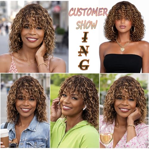 Trilumity Short Water With Bangs Water Wave Human Hair - Brown Hair Replacement Wig
