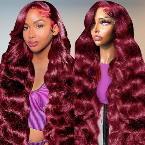 MAKATI 24 Inch 99j Burgundy Lace Front Wigs Human Hair 13x6 HD Transparent Burgundy Wig Human Hair 200 Density Pre Plucked Glueless Frontal Wigs Human Hair for Black Women