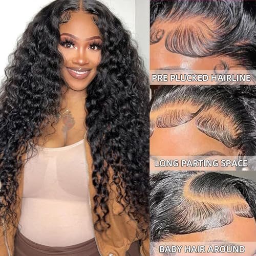 Trilumity 13X6 Front Pre Plcked Deep Wave 100% Human Hair - Natural Black Hair Replacement Wig
