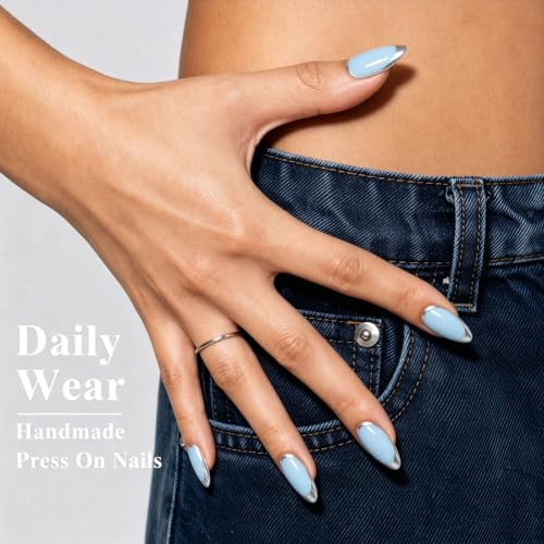 Trilumity Baby Blue Nails With Short Almond Acrylic - Baby Blue Press On Nails