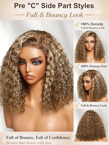 Trilumity Glueless Bob Honey Blonde Curly 100% Human Hair - Honey Blonde Hair Replacement Wig