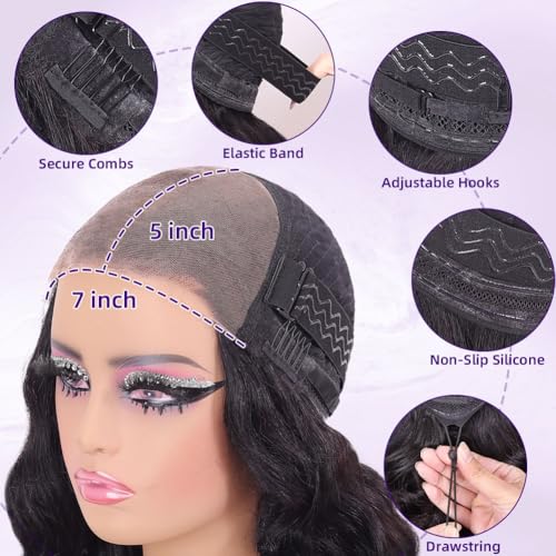 Trilumity Glueless Drawstring Bob 7X5 Body Wave 100% Human Hair - Natural Black Hair Replacement Wig
