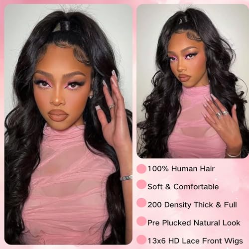 MAKATI 30 Inch Body Wave Lace Front Wigs Human Hair 13x6 HD Transparent Lace Glueless Wear and Go Wig 200 Density Pre Plucked Human Hair Wig with Baby Hair Lace Front Wig for Women