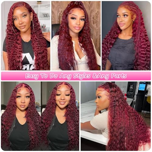 Trilumity 99J Burgundy 13X6 180 Deep Wave Human Hair - Burgundy Hair Replacement Wig