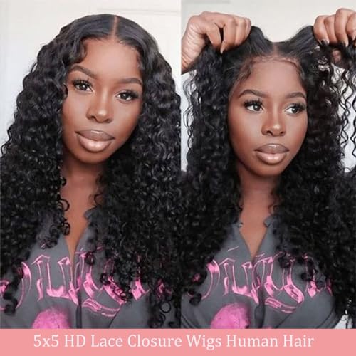 Trilumity Glueless Pre Cut 5X5 Deep Wave Human Hair - Natural Black Hair Replacement Wig