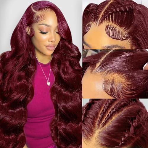 Trilumity 99J Burgundy 13X6 Body Wave Human Hair - Burgundy Hair Replacement Wig