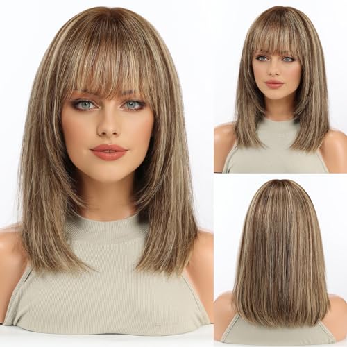 KKU 14 Inch Brown Mixed Blonde Layered Straight Human Hair Wig with Bangs, Human Hair Wigs for Women, Wear Natural Realism for Daily Use