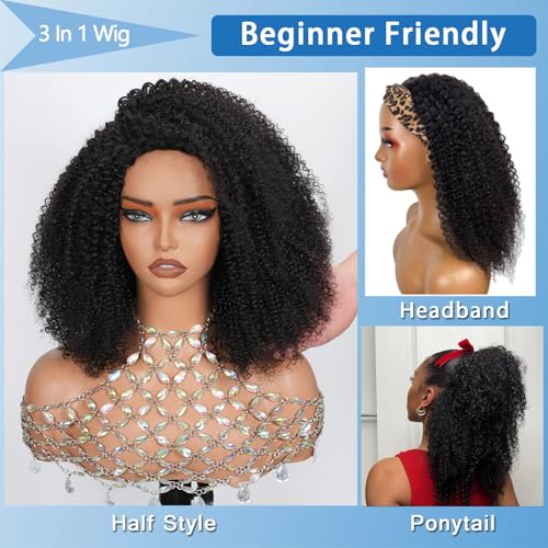 Trilumity Half ，100% Real 205G，3 Curly Human Hair - Natural Black Hair Replacement Wig