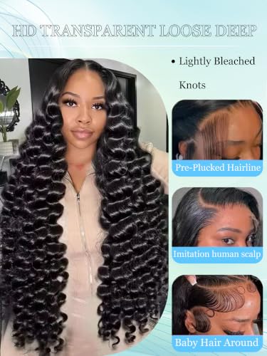 Trilumity 13X6 Synthetic Pre Plucked Deep Wave Human Hair - Natural Black Hair Replacement Wig