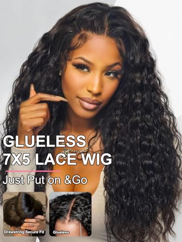 Trilumity Glueless Water Wave Human Hair - Natural Black Hair Replacement Wig