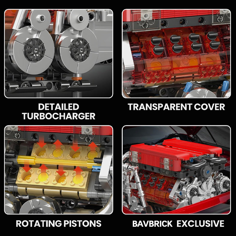 Trilumity Building Block Set: Motorised Red Edition W16 Engine| 958-Piece