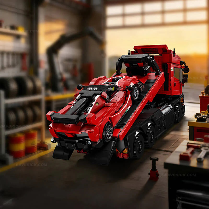 Trilumity Building Block Set: 1:24 Red Italian Hypercar & Scania Trailer Set (1728Piece)