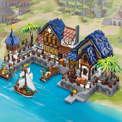 JieStar MOC Building Block Set: Experts MOC Medieval Town Harbor, Model 89152