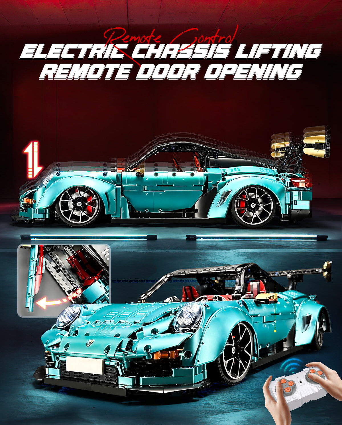 Trilumity Motorized Building Block Set: 1: 8 Blue Porsche Gt2 RS with Electric Suspension Lifting, Electric Doors Remote Control Model (3389-Piece)