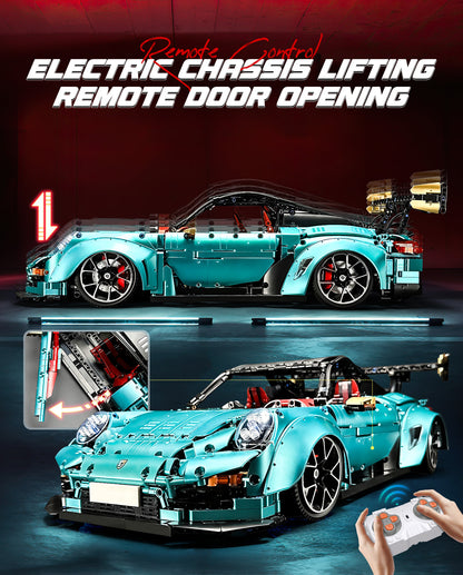 Trilumity Motorized Building Block Set: 1: 8 Blue Porsche Gt2 RS with Electric Suspension Lifting, Electric Doors Remote Control Model (3389-Piece)