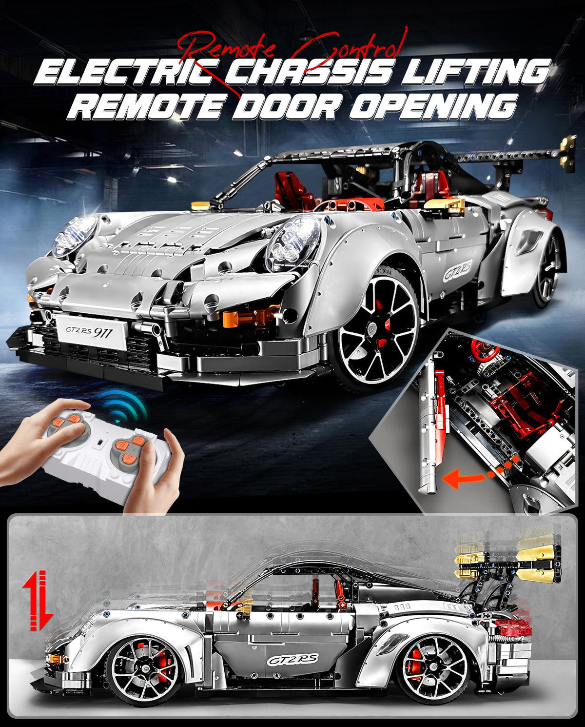 Trilumity Motorized Building Block Set: 1: 8 Sliver Porsche Gt2 RS with Electric Suspension Lifting, Electric Doors Remote Control Model (3389-Piece)