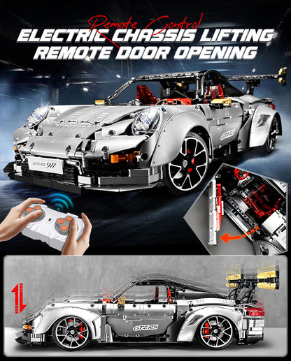Trilumity Motorized Building Block Set: 1: 8 Sliver Porsche Gt2 RS with Electric Suspension Lifting, Electric Doors Remote Control Model (3389-Piece)