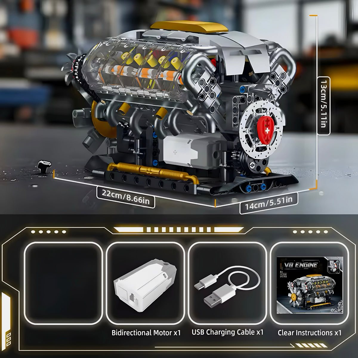 Trilumity Building Block Set: Motorised V8 Engine (692-Piece)