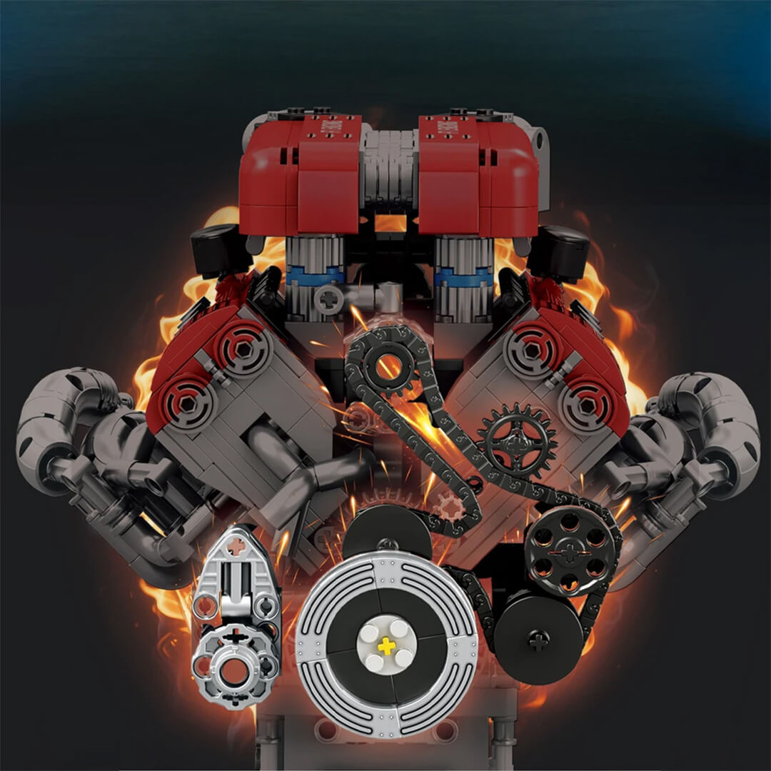 Trilumity Building Block Set: Motorised High-Revving V8 Italian Engine | Performance Engine Engineering | 1100-Piece