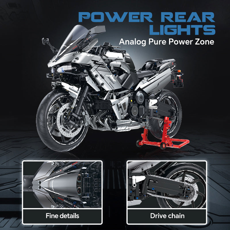 Trilumity Kawasaki R7 Motorcycle with Front and Rear Lights, Exclusive display stand Building Block Set, 1:5 Scale, 2,156-Piece