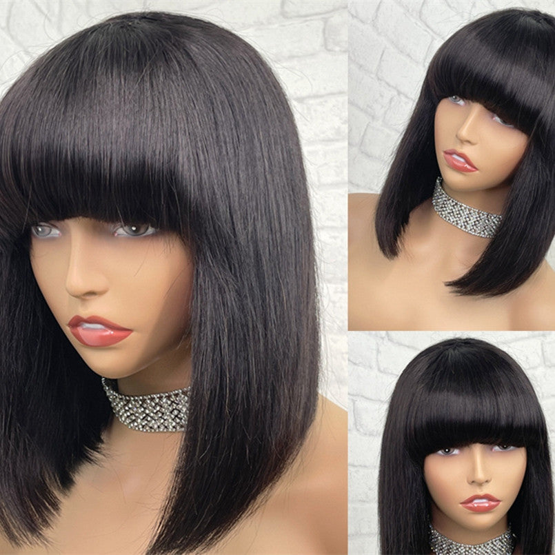 Trilumity Straight Wig with Bangs in Black, three-quarter view