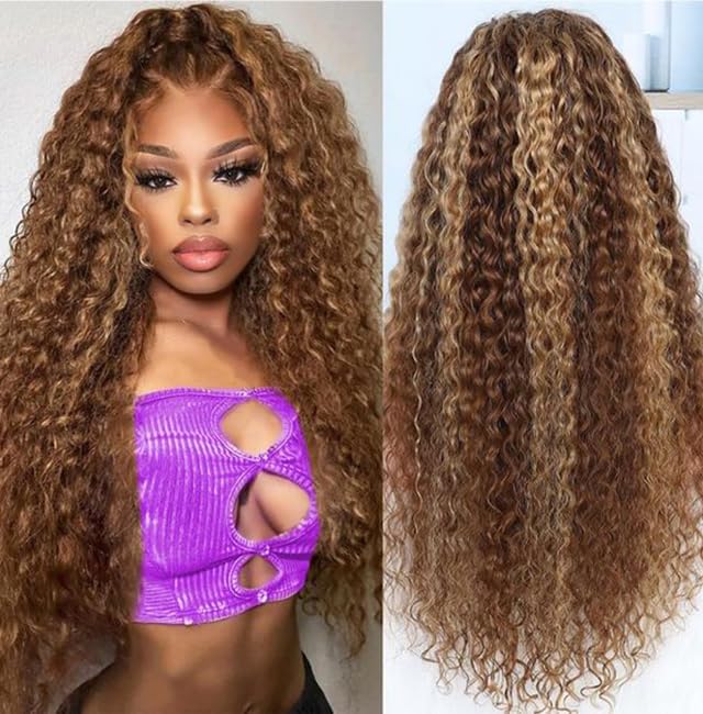 Trilumity 13X6 Highlight Ombre P4/27 Curly Human Hair - Honey Blonde Hair Replacement Wig