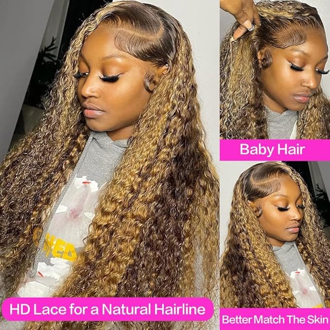 Trilumity Highlight Ombre 13X6 Hd Deep Wave Human Hair - Honey Blonde Hair Replacement Wig