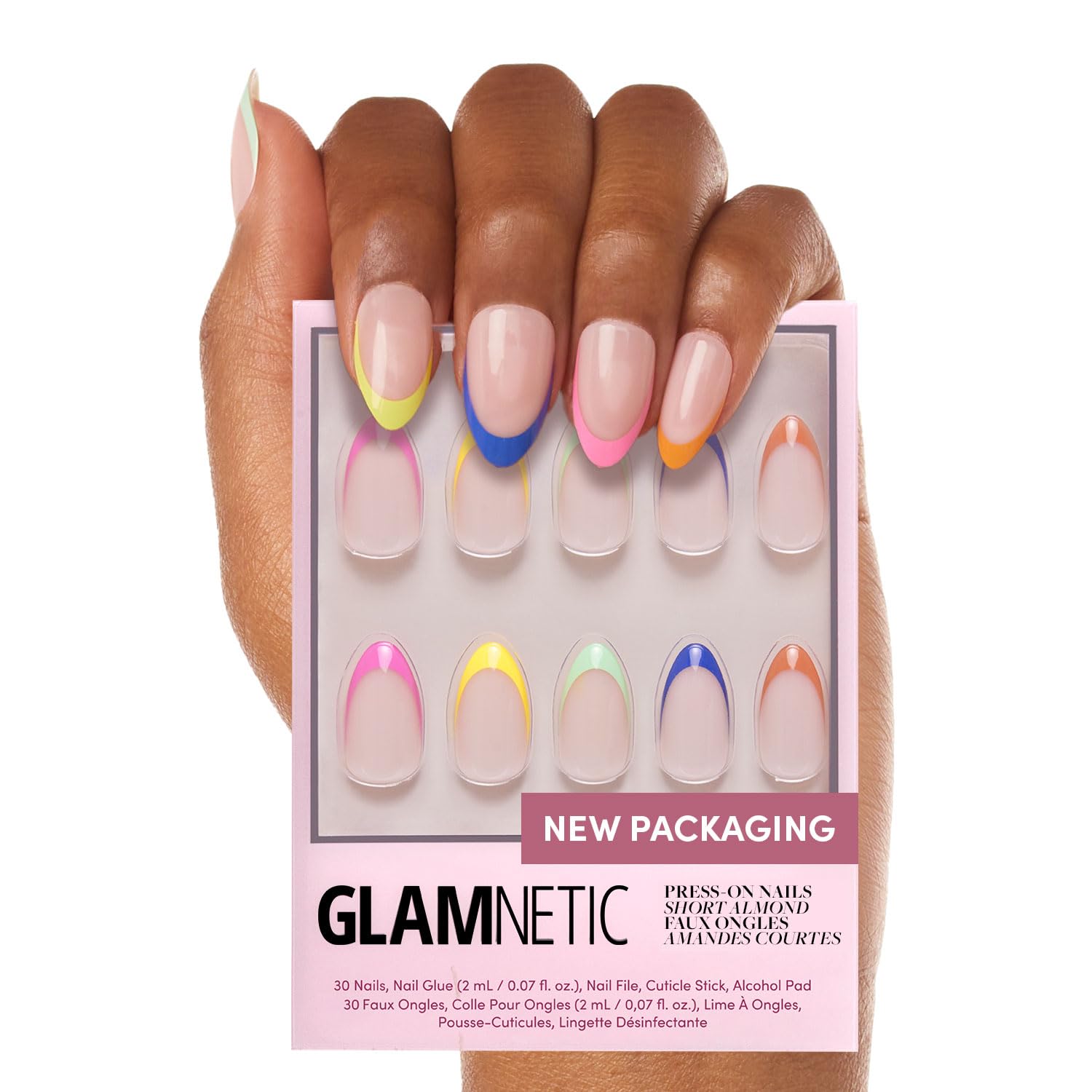 Trilumity Sprinkles Rainbow French Tip Short Almond Soft Gel - Nude Pink Press On Nails