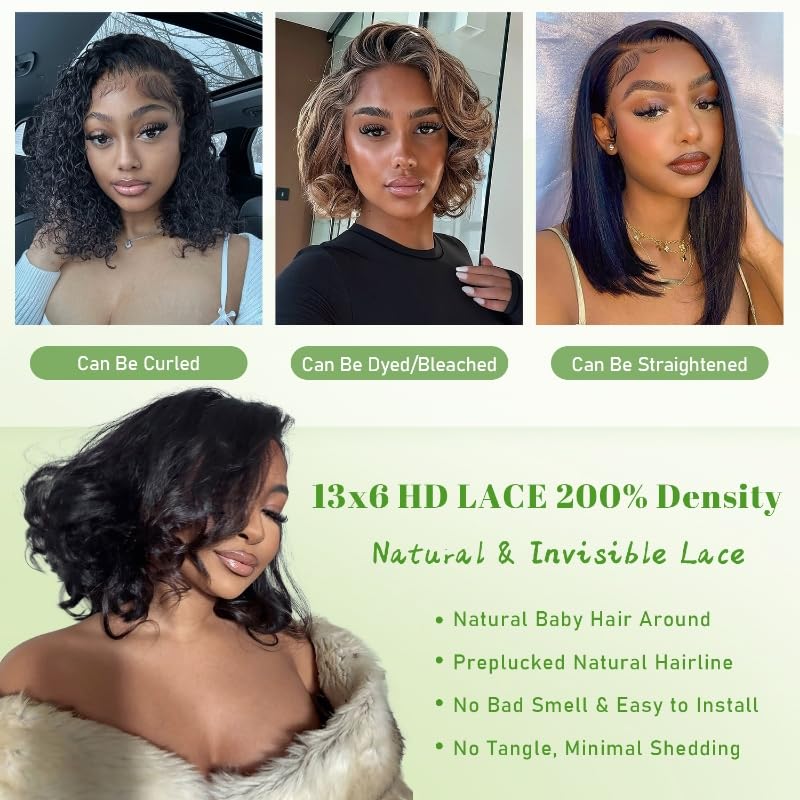 Trilumity 13X6 Front Bob Short Body Wave 100% Human Hair - Natural Black Hair Replacement Wig
