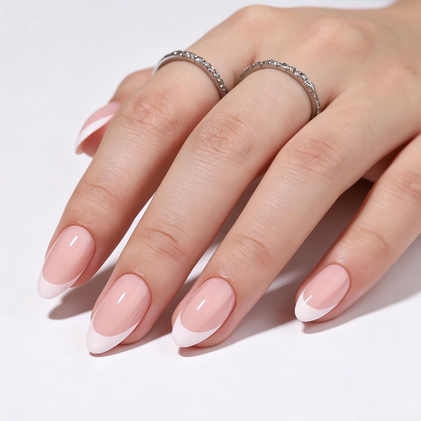 Trilumity Glossy French Tip Reusable Short Almond Soft Gel - Nude Pink Press On Nails