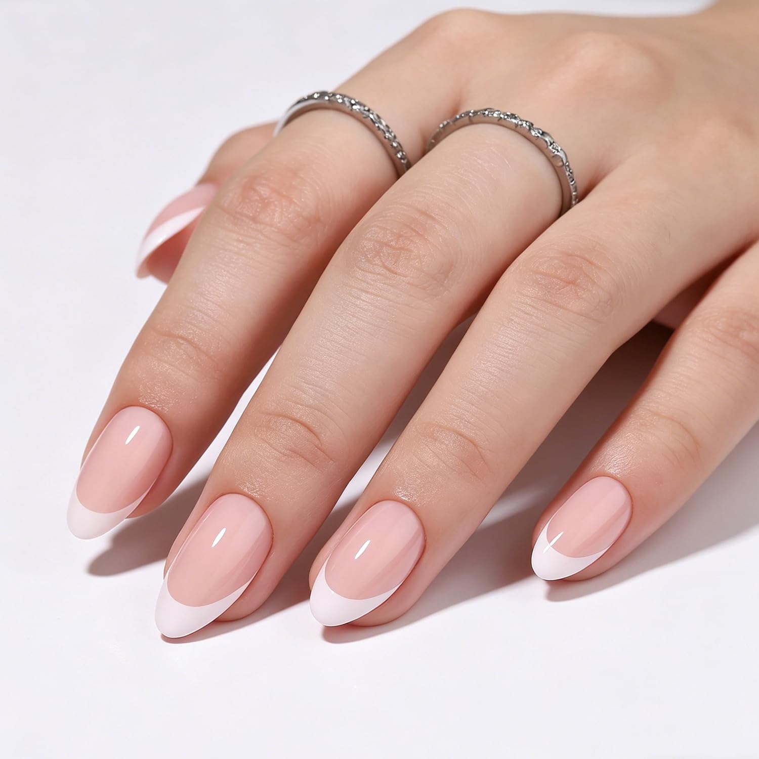 Trilumity Glossy French Tip Reusable Short Almond Soft Gel - Nude Pink Press On Nails