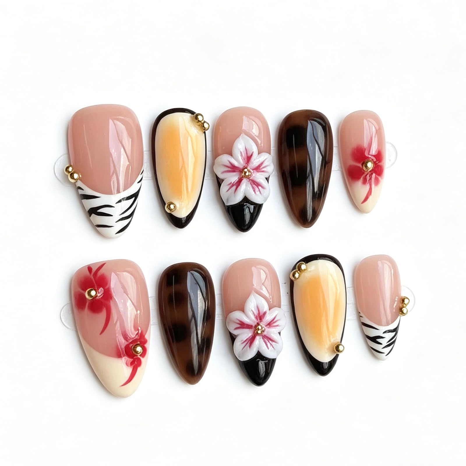 Trilumity Luxury 3D Flower French Short Almond Acrylic - Nude Pink Press On Nails